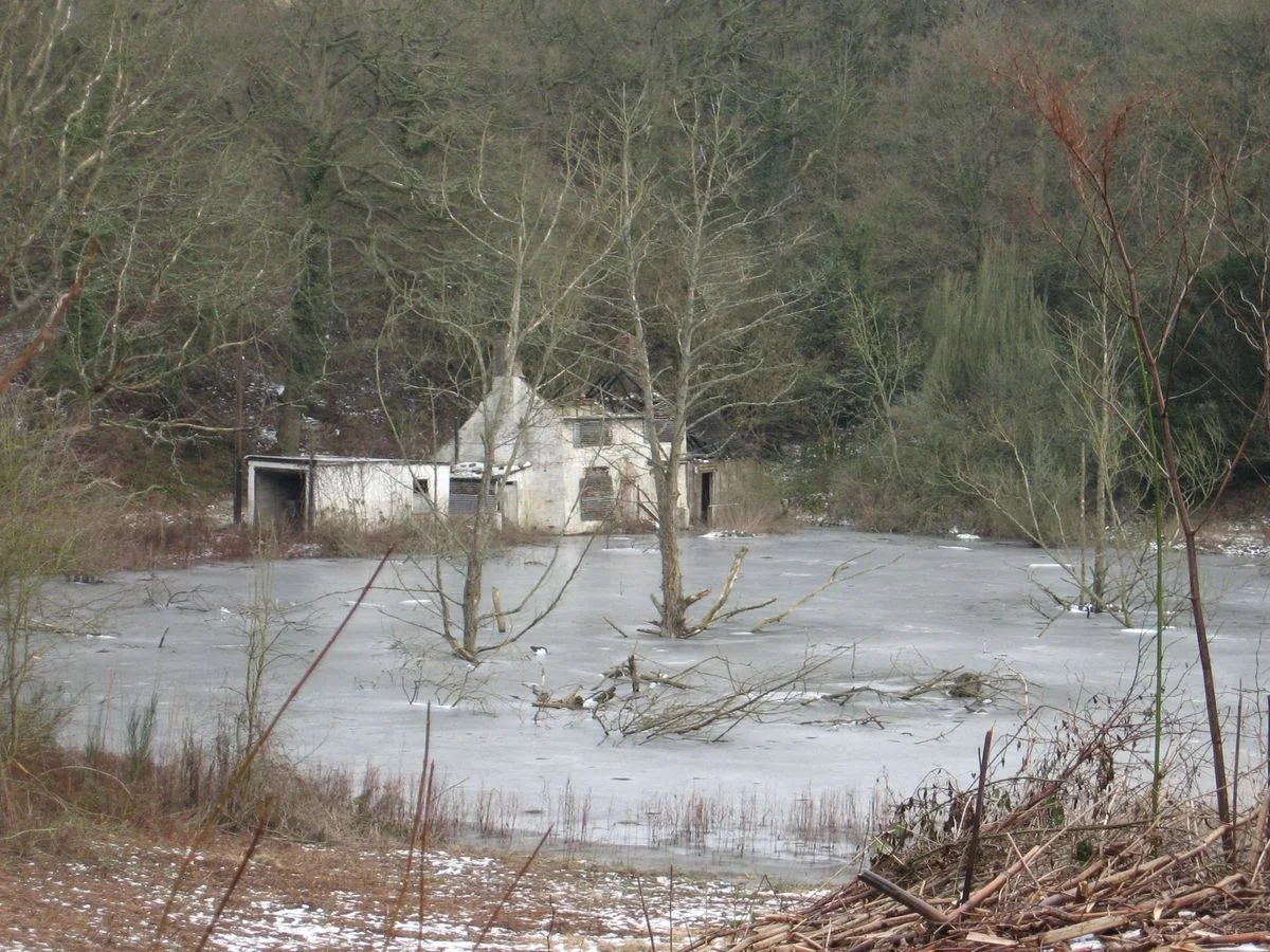 Flooded house and lake frozen Moanwood.webp
