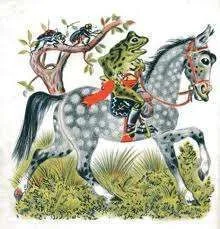 Frog riding spotted pony.webp
