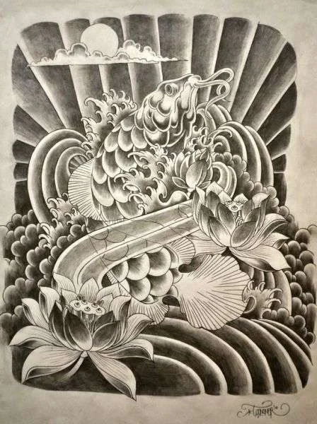 tattoo-back-piece-ink-arowana-fish-waves-flowers-b-o-tattoodonkey.com.webp